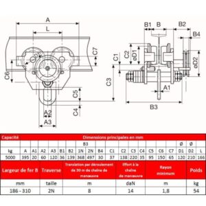 Chariot porte palan manuel à chaîne • 5 000 kg