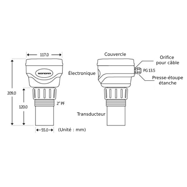 Capteur de mesure de niveau à ultrasons portée 0.3 à 10 mètres