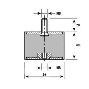 Tampon caoutchouc Silentbloc Ø 30 x 30 mm • 1 Tige filetée M8 x 20 mm et 1 taraudage M8