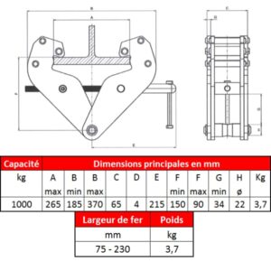 Griffe de suspension • 1t • Fer 75 x 230 mm