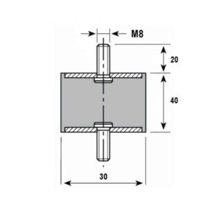 Tampon caoutchouc Silentbloc Ø 30 x 40 mm • 2 Tiges filetées M8 x 20 mm
