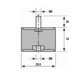 Tampon caoutchouc Silentbloc Ø 25,5 x 15 mm • 1 Tige filetée M8 x 20 mm et 1 taraudage M8