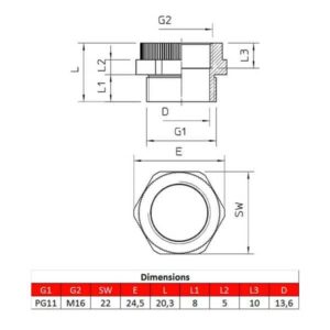 Adaptateur PG11 – M16 pour presse-étoupe