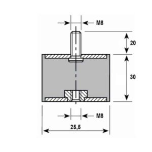 Tampon caoutchouc Silentbloc Ø 25,5 x 30 mm • 1 Tige filetée M8 x 20 mm et 1 taraudage M8