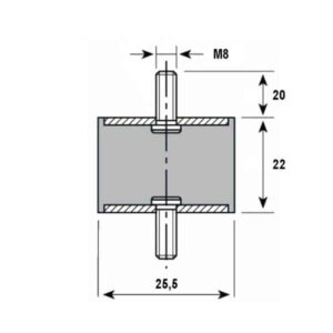 Tampon caoutchouc Silentbloc Ø 25,5 x 22 mm • 2 Tiges filetées M8 x 20 mm