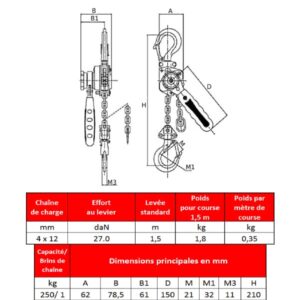 Palan            à levier fixe à crochet HADEF 250 kg