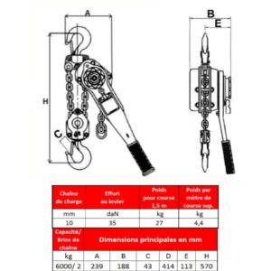 Palan  à levier fixe à crochet HEDEF 6 000 kg