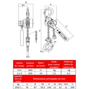 Palan           à levier fixe à crochet en aluminium HADEF 250 kg