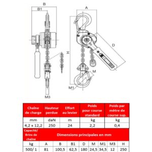 Palan         à levier fixe à crochet en aluminium HADEF 500 kg