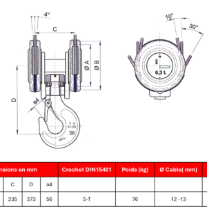 Moufle pour palan 2 réas • Charge 10 t (M5) • Entraxe 235mm • Pour câble Ø 12-13mm