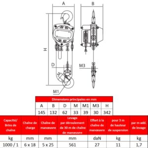 Palan manuel standard       fixe à crochet 1 000 kg