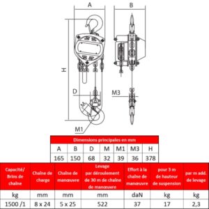 Palan manuel standard fixe   à crochet 1 500 kg