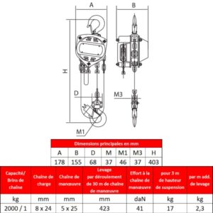 Palan manuel standard fixe à      crochet 2 000 kg