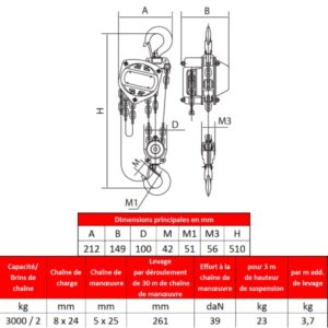Palan manuel standard fixe à crochet         3 000 kg